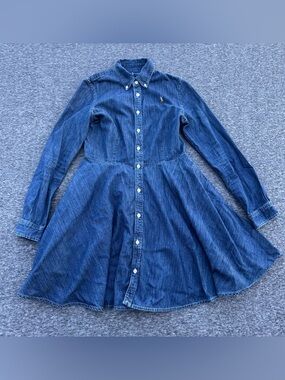 Ralph Lauren Girls Blue Denim Button Front Shirt Dress Size 16 Flesh Pony Preppy